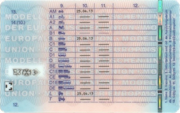 Dieses Foto zeigt die R&uuml;ckseite des Musters eines F&uuml;hrerscheins: EU-Kartenf&uuml;hrerschein f&uuml;r Deutschland, Eintragungen zur Klasse und Erlaubnisdatum
