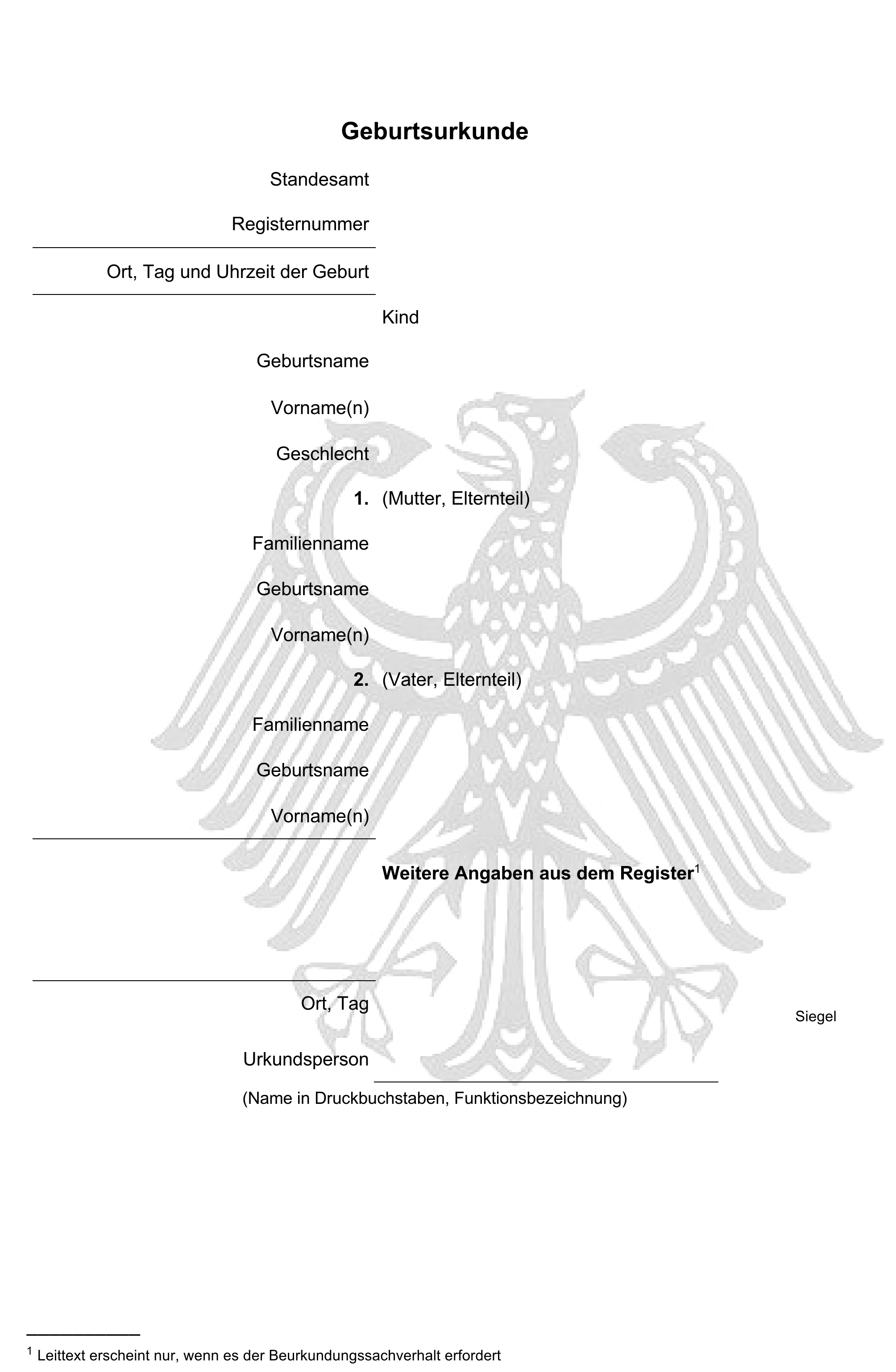 Dieses Foto zeigt ein Muster der Geburtsurkunde: Urkunde mit Angaben zu Geburt, Kind, Eltern, Register und Siegel.